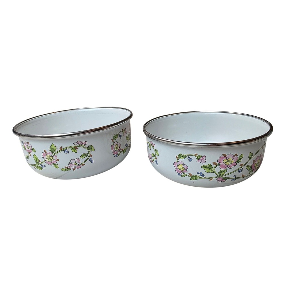 Kobe Kitchen Enamelware Floral Mixing Bowls Set of 2 White Made in Japan 6 G1